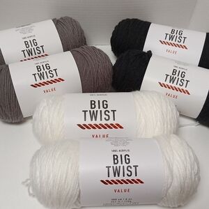 Big Twist Value Yarn Bundle Bkack, White, Gray 6 New Skeins
